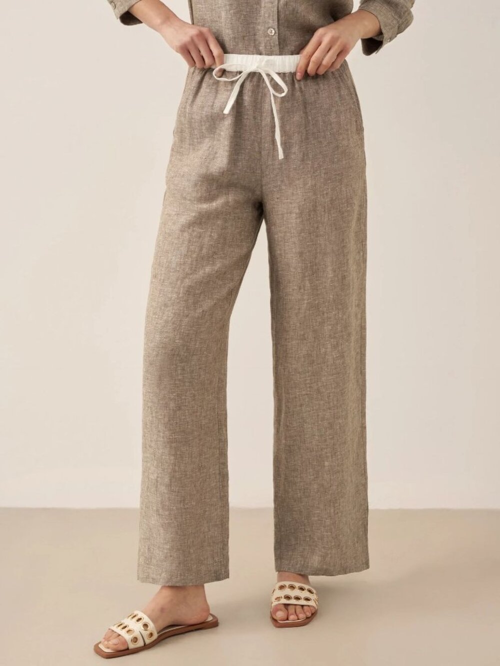 Lintico 100% Linen Jourdan Elastic Waist Straight-Leg Trousers NWT Mushroom M